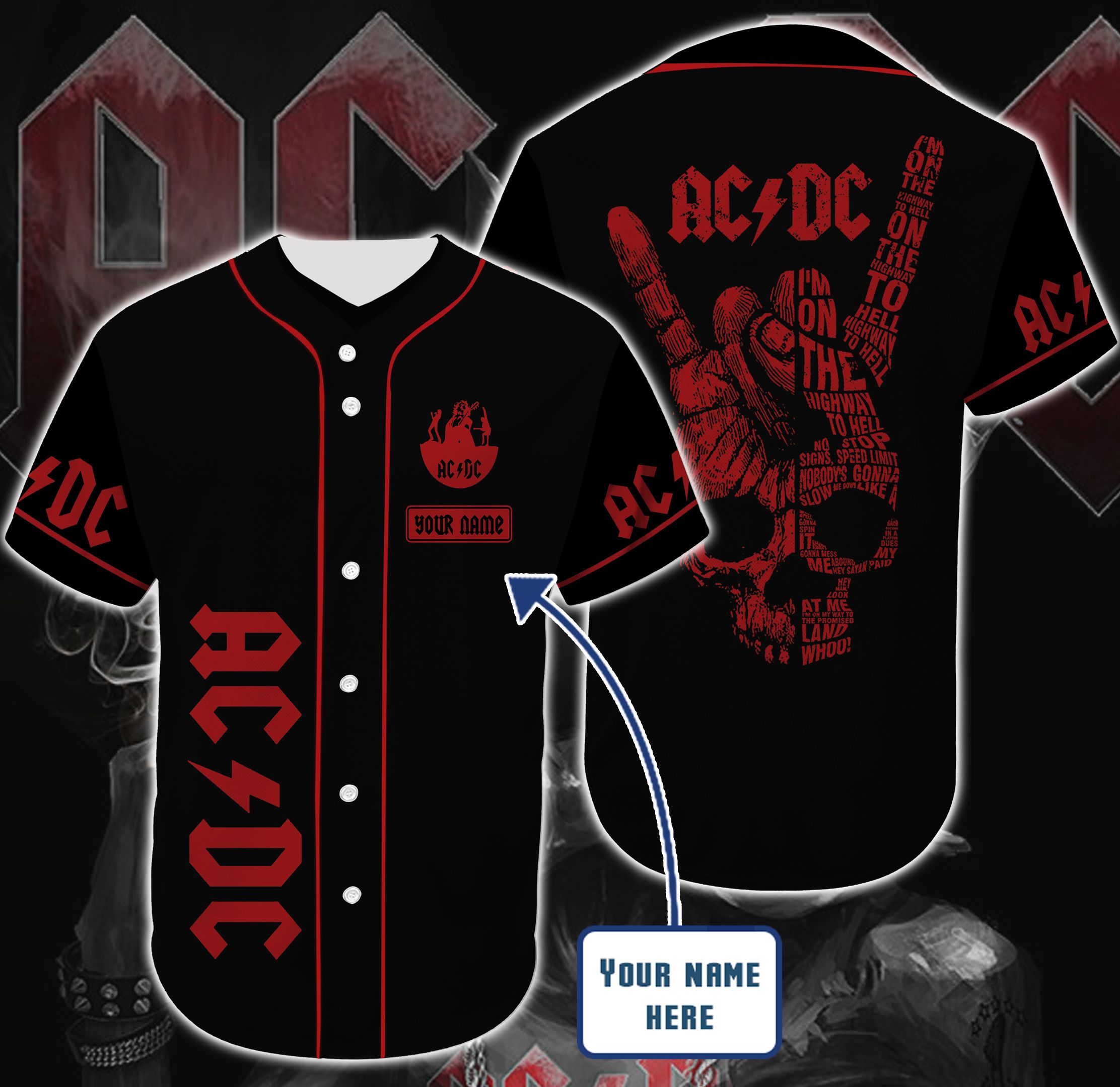 Ac Dc Black And Red Personalized Custom Name Baseball Tee Jersey Shirt Unisex Men Women