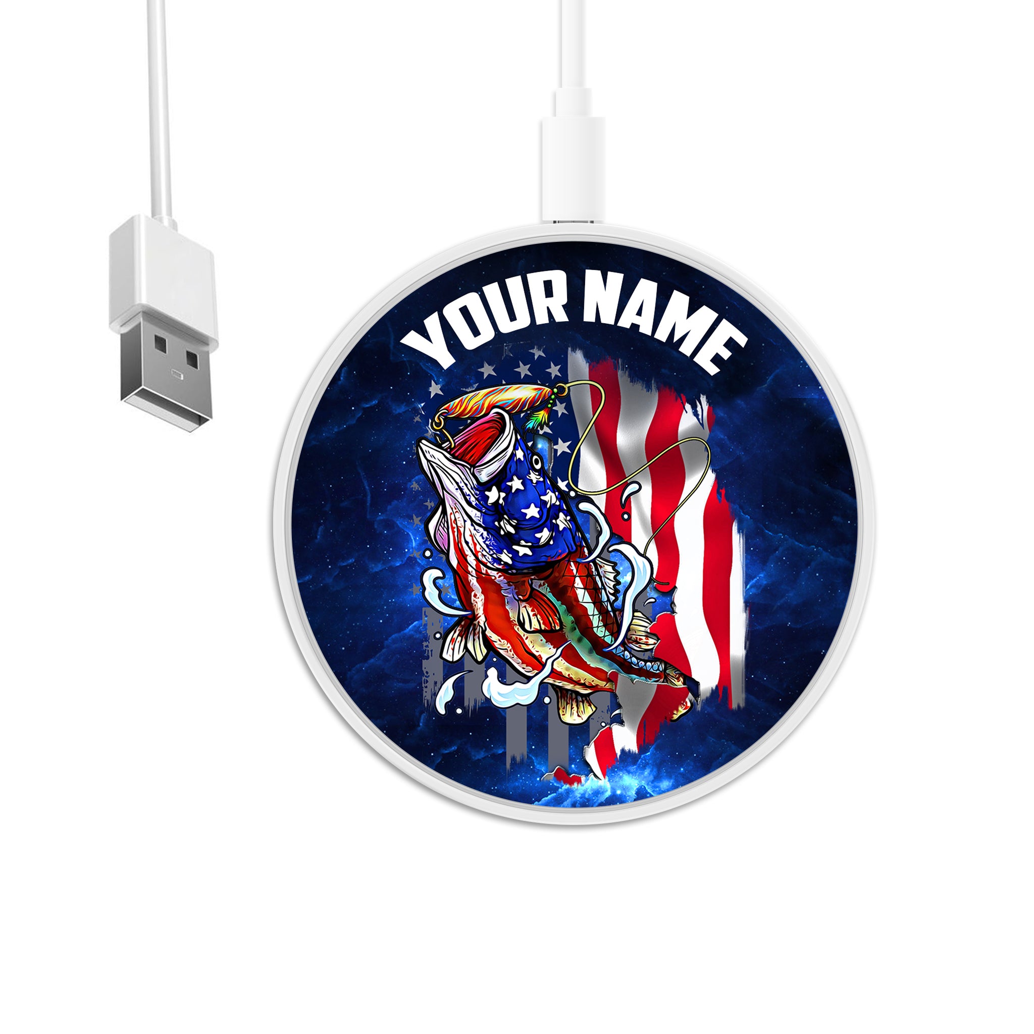 Bass Fishing 3D American Flag Patriotic Customize Name Wireless Charger