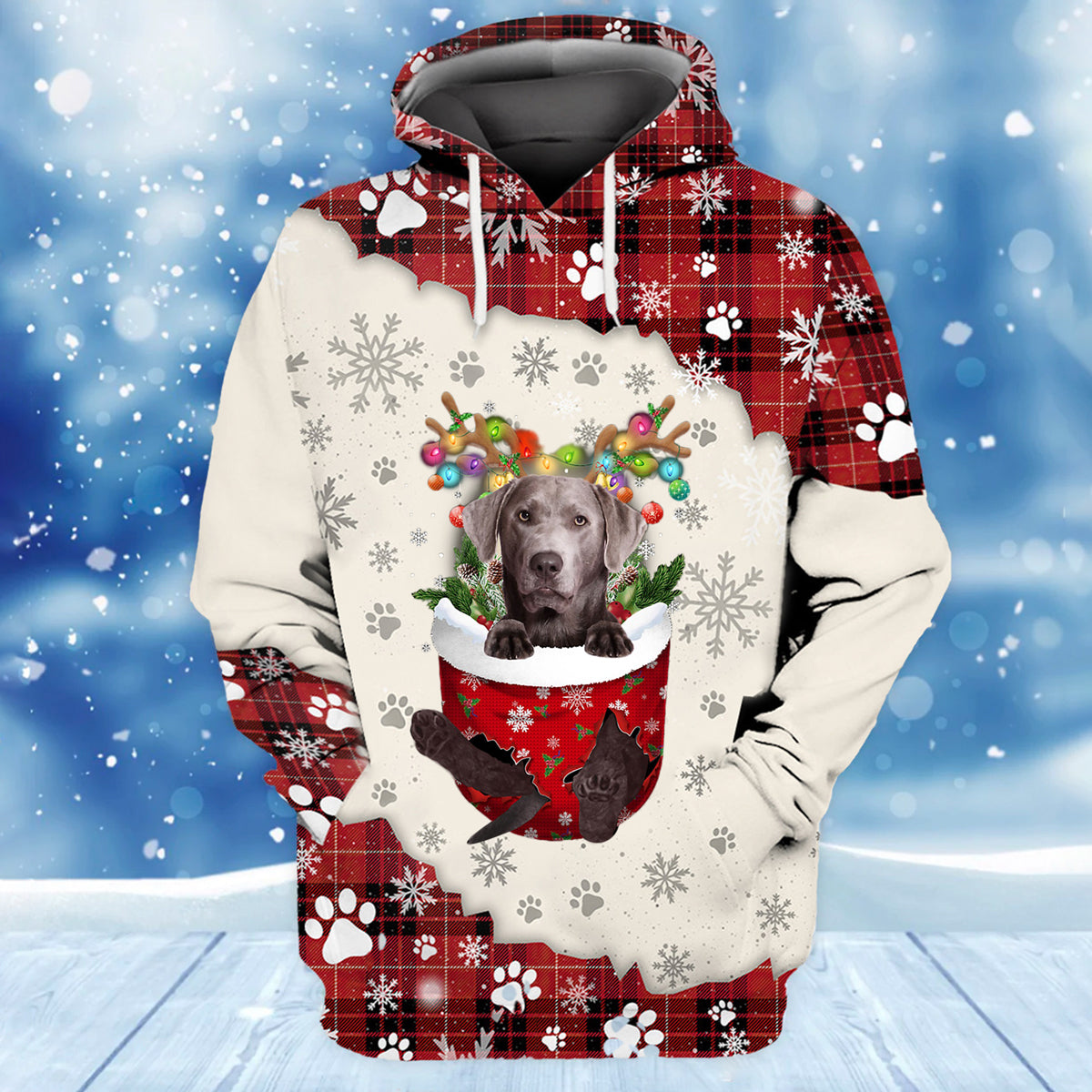 Silver Labrador In Snow Pocket Merry Christmas Unisex Hoodie