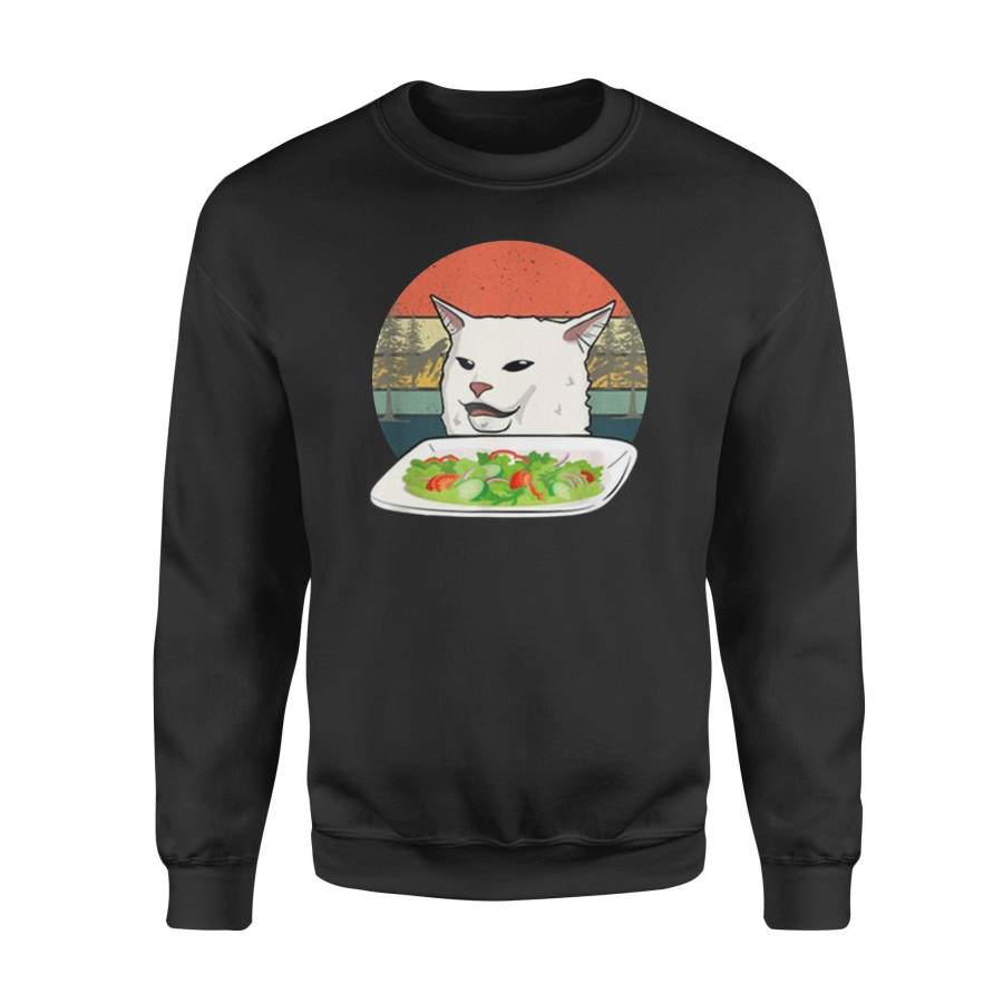 Cat Meme Woman Yelling At Table Dinner Ugly Christmas Gift Fleece Sweatshirt