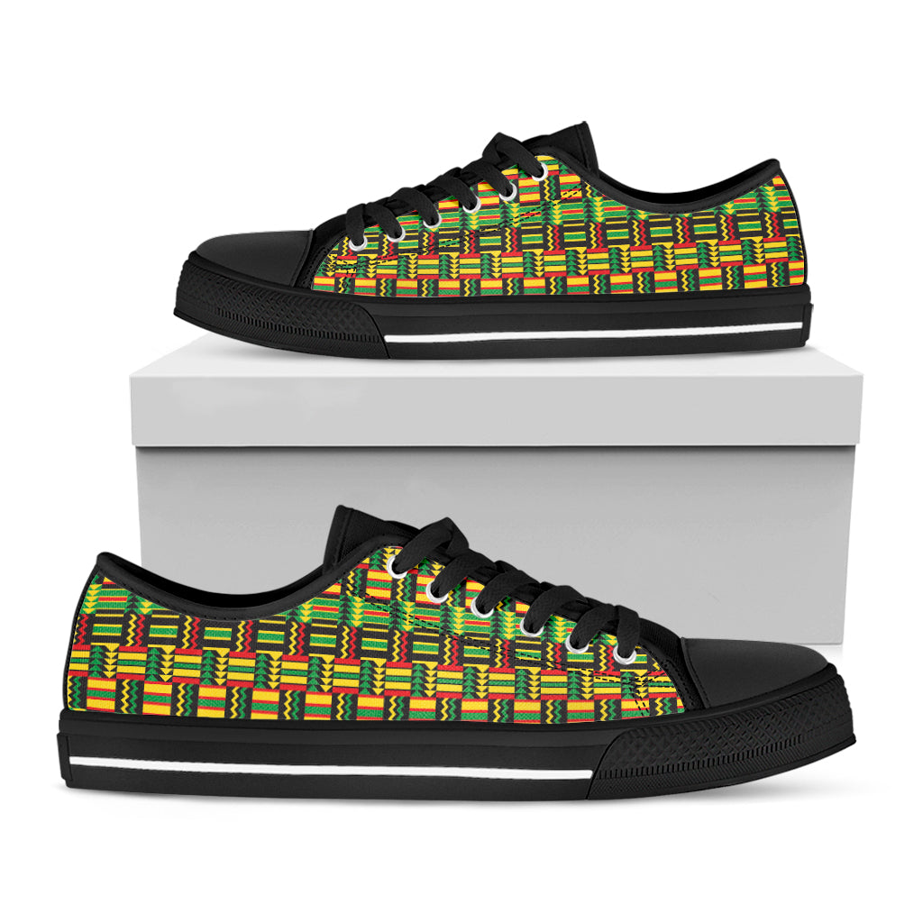 West African Kente Tribal Pattern Print Black Low Top Shoes