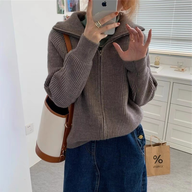 2022 Autumn 6 Color Cardigan Sweater Korean Version Retro Zipper Sweater Women’s New Loose Casual Lazy Wind Lapel Jacket Tops alx