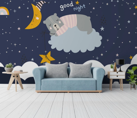 3D Cartoon Animal Bear Planet Cloud Wall Mural Wallpaper Lqh 614