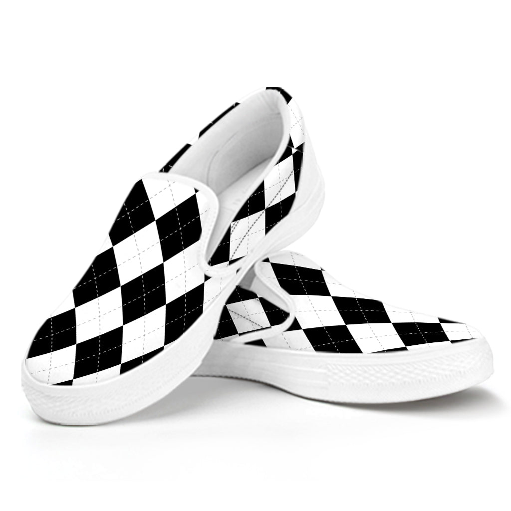 White And Black Argyle Pattern Print White Slip On Shoes