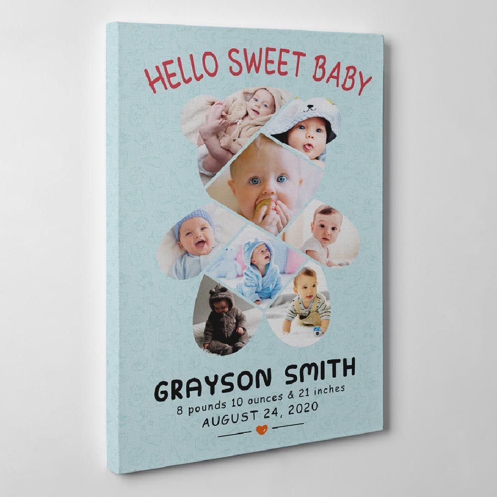 “Hello Sweet Baby” Custom Birth Stats Photo Canvas Print