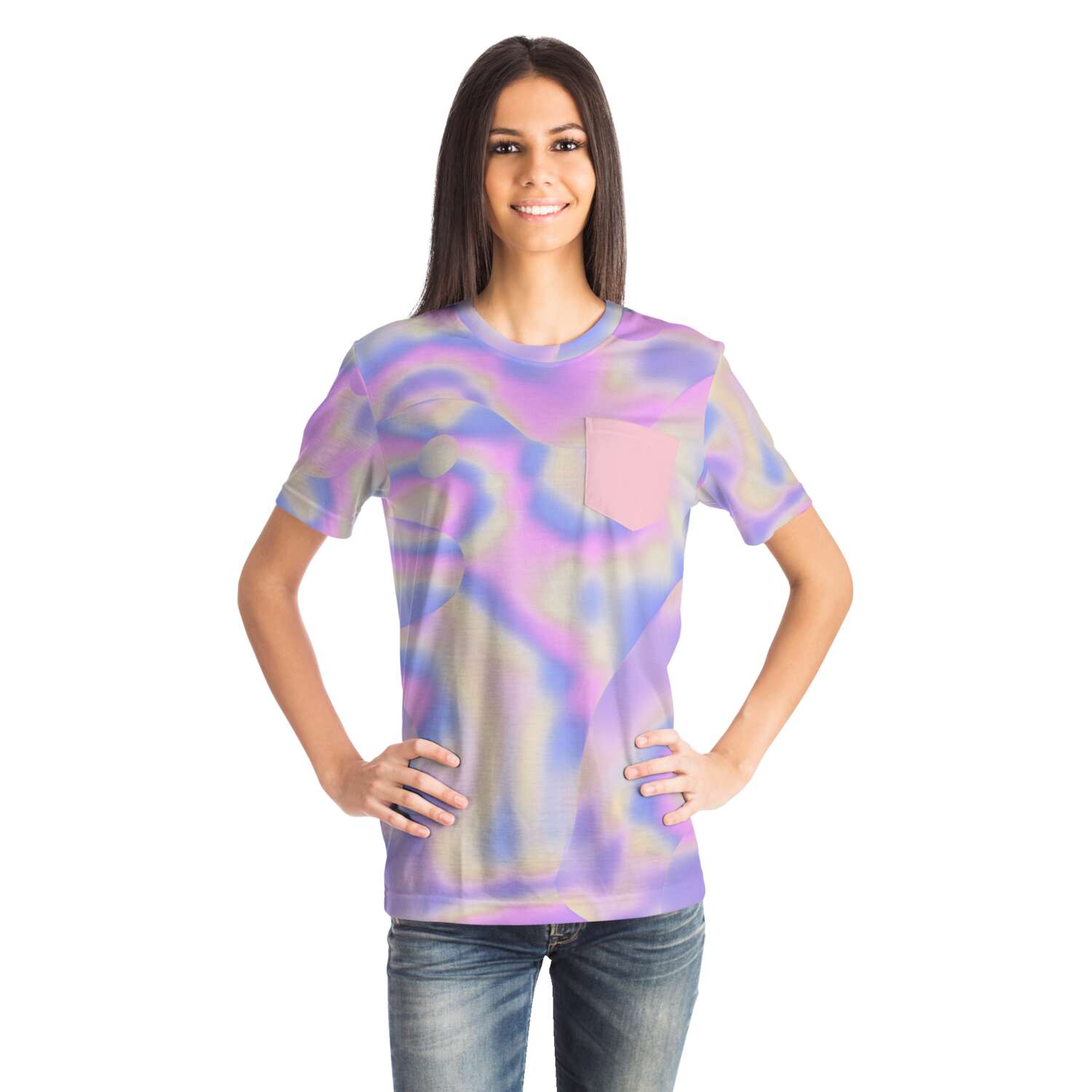 Bubblegum Pink Cotton Candy Holographic Cloud Iridescent Women Men Women Pocket T-Shirt