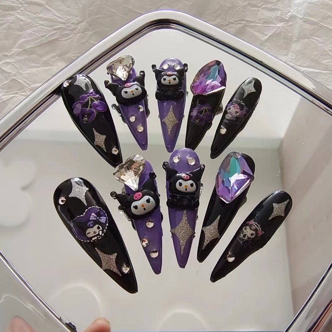 Black and Purple Kurommi Press On Nails/Black Anime Kawaii Fake Nails/Y2k nails/Japanese Cute Nails/ Reusable Fake Nails/girdling Nails #132