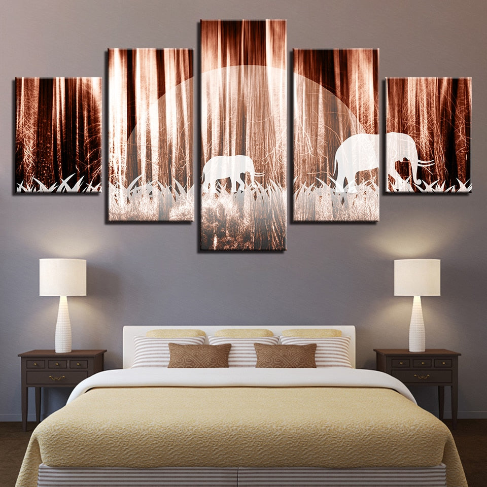 Forest Elephants 5 Piece Hd Multi Panel Canvas Wall Art Frame