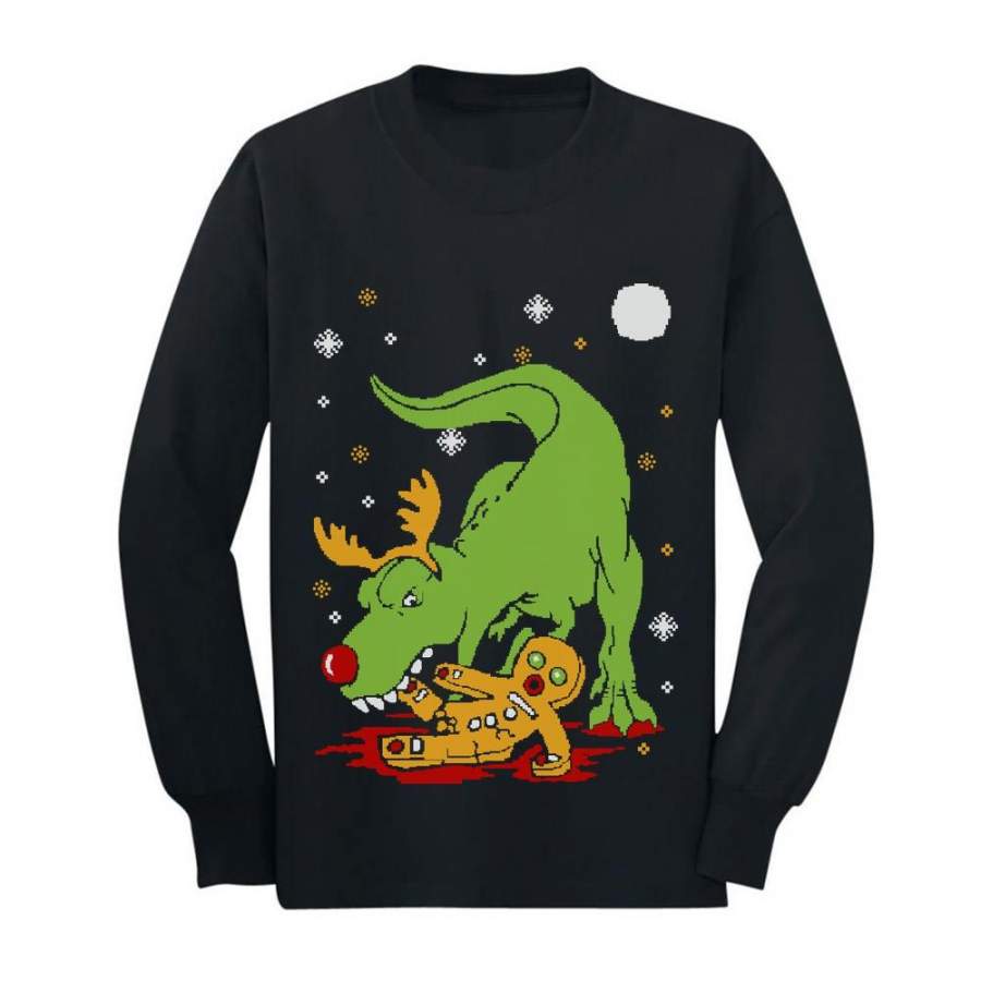 T-Rex Biting Gingerbread Ugly Christmas Youth Kids Long Sleeve T-Shirt