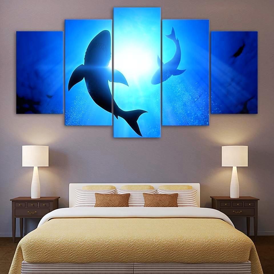 Shark In The Blue Sea Ocean 5 Panel Canvas Art Wall Decor