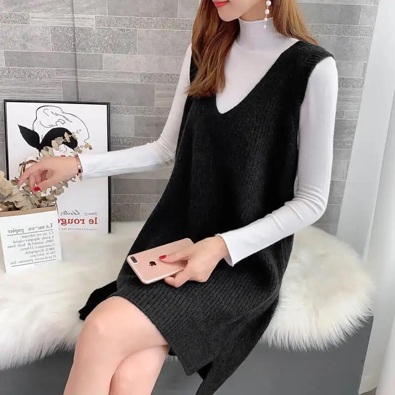 Sweater Vest Women’s Mid-length Pullover Retro Knitted Waistcoat Solid Color Loose V-neck Trending Vest Autumn and Winter Top alx