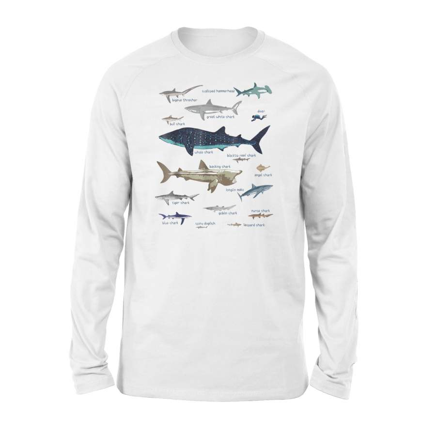 15 Sharks Of The World With Labels Science Biology Long Sleeve T-Shirt