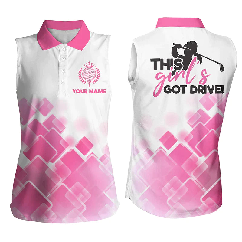 Women Sleeveless Golf Polo Shirt, This Girl’S Got Drive Custom Name Pink Pattern, Golf Shirts For Women