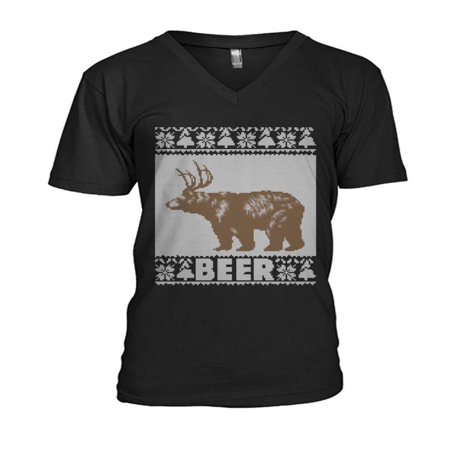 Ugly Christmas Bear Beer Deer Christmas Gift Guys V-Neck