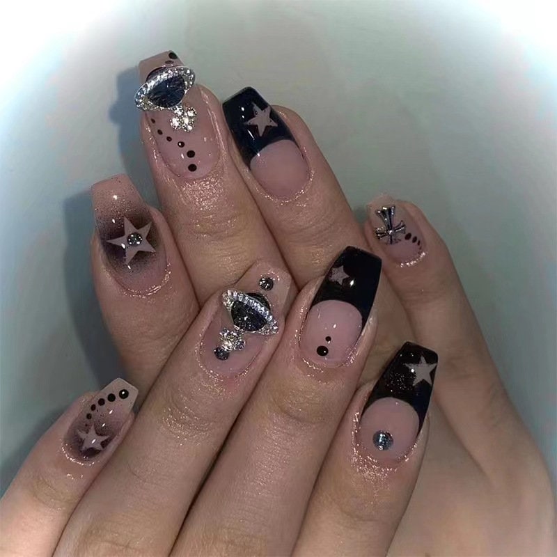 French Star Spray Hollow Out Black Star Press On Nails/ VIviannwestBlack Star Nails/ Spray Nails/ Gothic Nails/ Kawaii Nails Y2K Nails #2