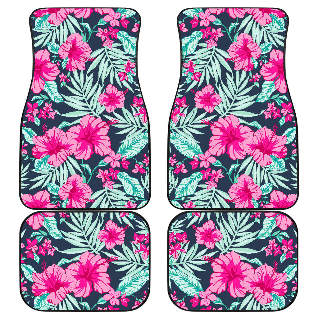 Pink Hibiscus Tropical Pattern Print Front And Back Car Floor Mats, Front Car Mat