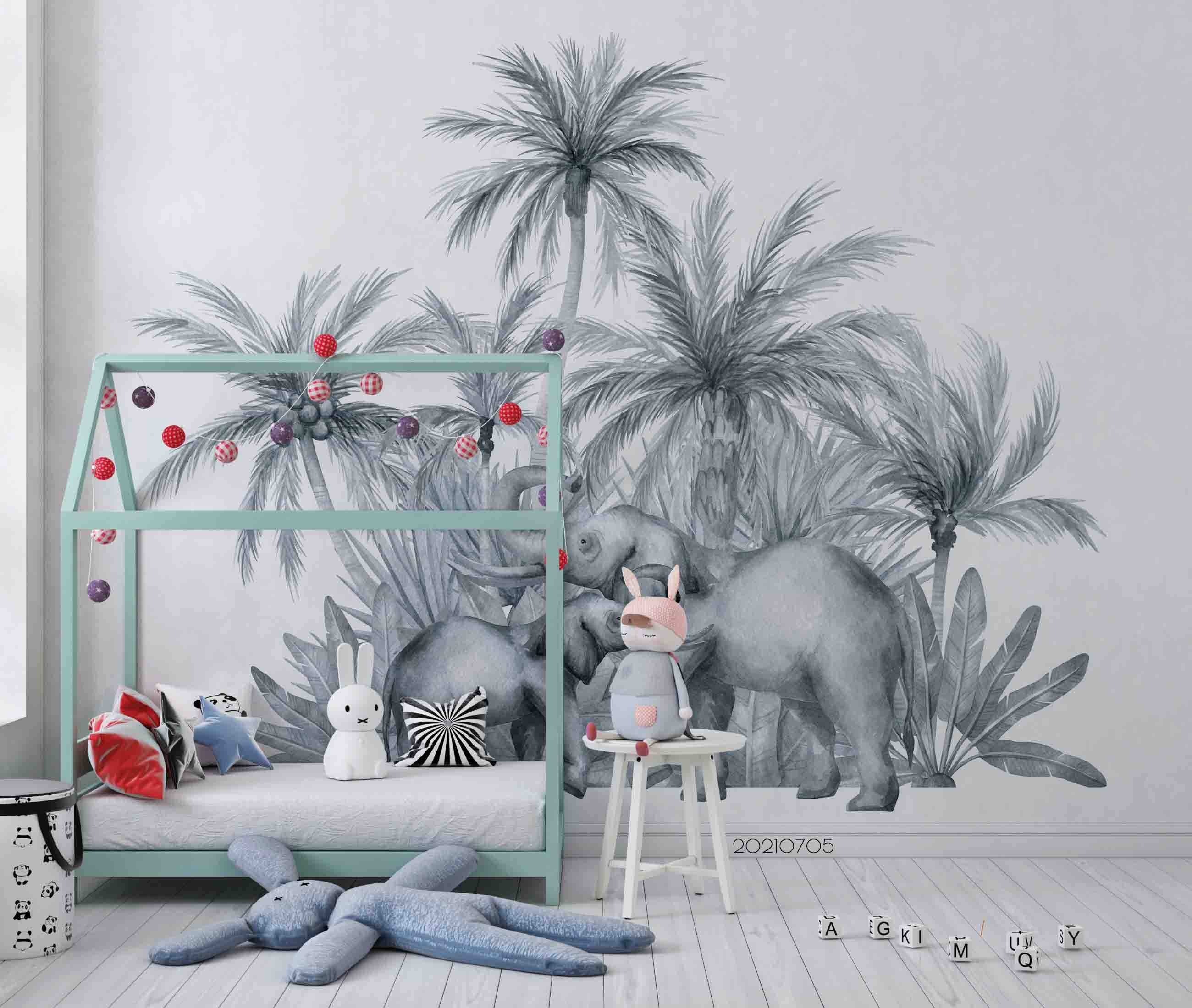 3D Coconut Tree Animal Elephant Wall Mural Wallpaper Lqh 135