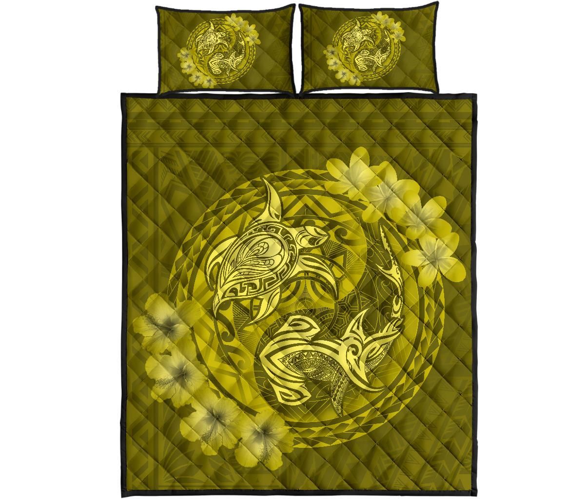 Alohawaii Home Set – Hawaii Yin Yang Turtle Shark Hibiscus Plumeria Quilt Bed Set – Yellow – Ah – J4