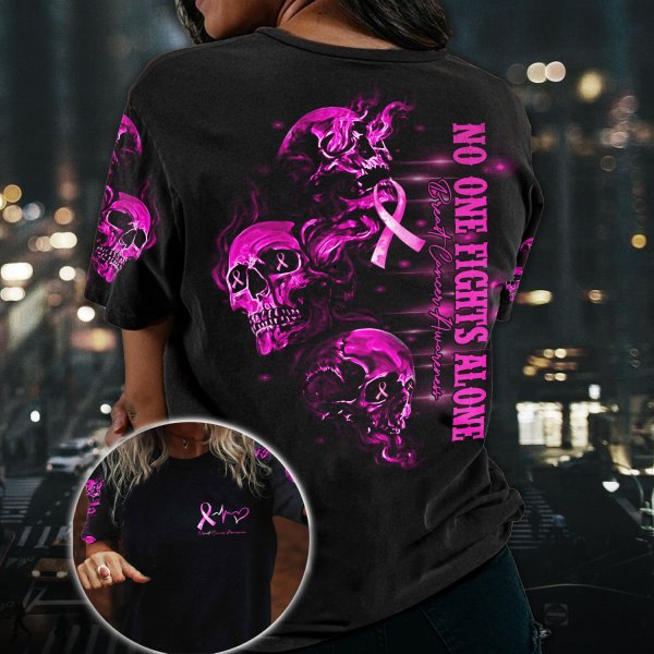 No One Fights Alone Breast Cancer Awareness Skull And Pink Ribbon Heartbeat Breast Cancer 3D Clothes