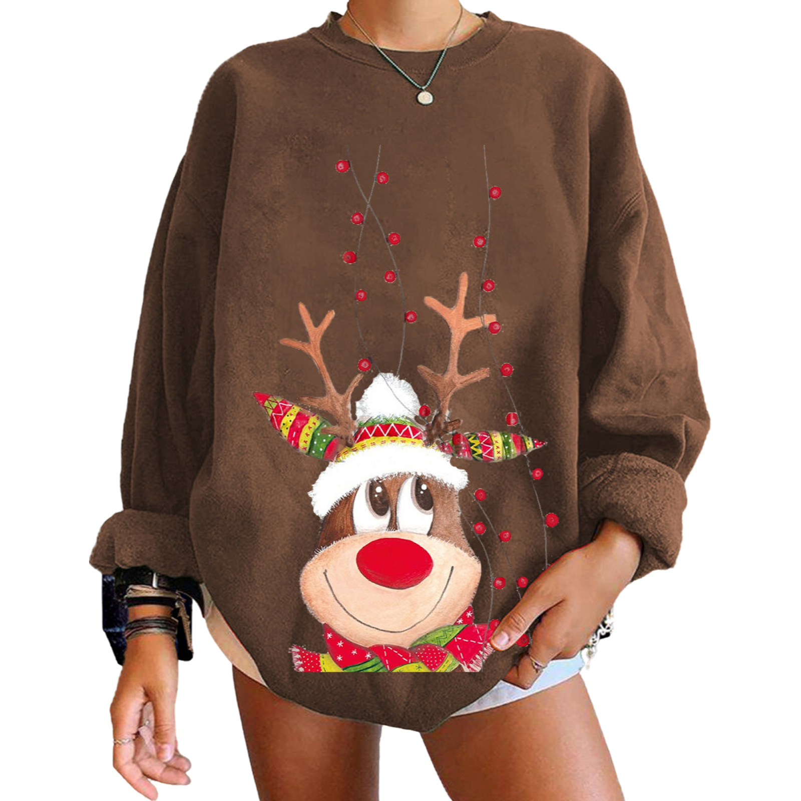 Women Christmas Loose Sweatshirt Adults Deer Print Long Sleeve Round Neck Pullover for Holiday alx