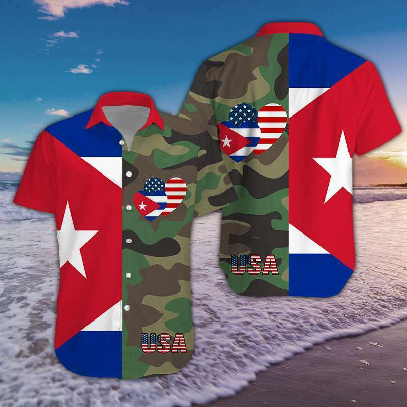 Cuba And Usa Heart Flag Combine Camo Pattern Unisex Hawaii Shirts Ha18361