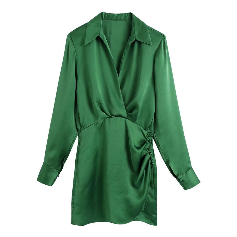 T MODA 2022 Women V Neck Draw Back Green Satin Dress Ladies Casual Fashion High Street Vintage Dress Female Streewear Dress alx