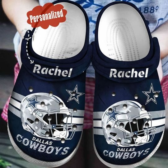 Dalas Cowboys Custom Name Pattern Crocss Classic Clogs Shoes In Dark Blue & White