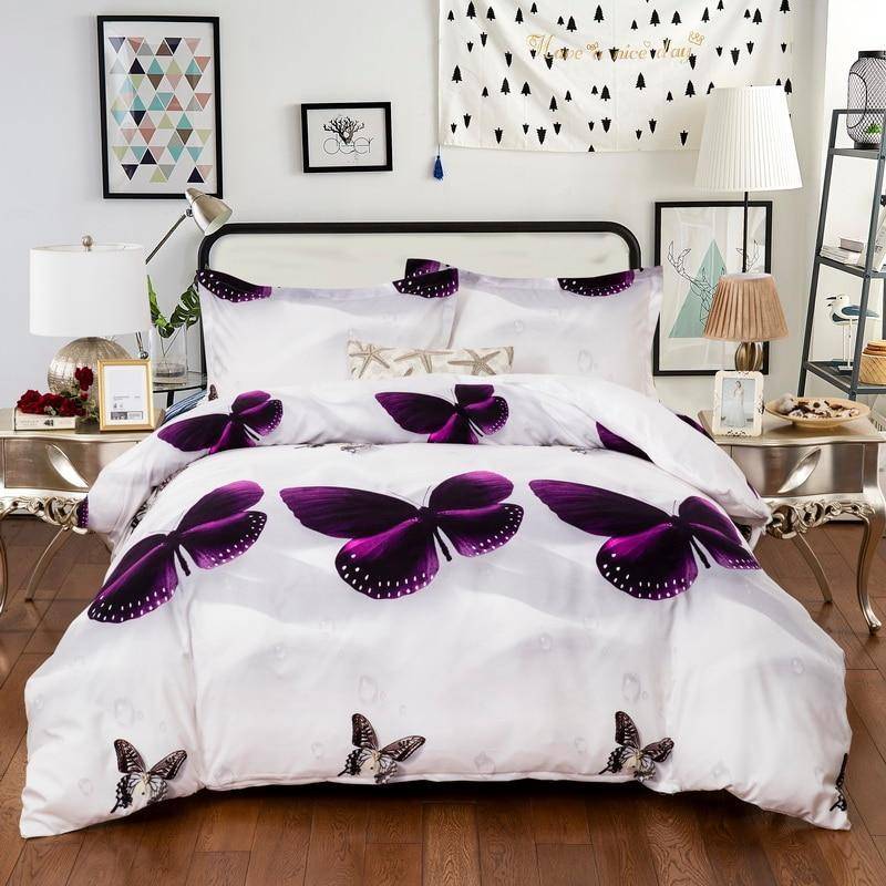 3D Purple Butterfly Quilt Cover Duvet Covers Animal Soft Doona Cover Pillow Cases Bedding Set