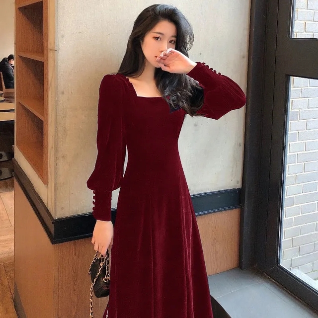 Spring Autumn Burgundy Gold Velvet Dress Women square collar long Sleeve Black blue Dress Sexy Party Costume Woman Night Dresses alx