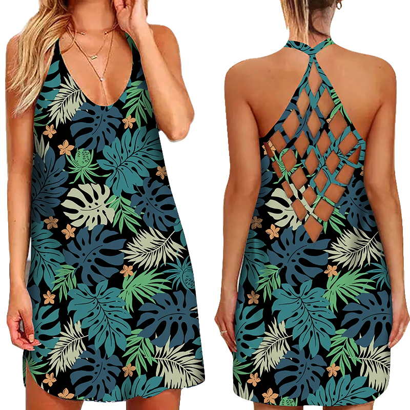 Women’s Sexy Hollow Suspender Party Dress Backless Hawaiian Style Floral Print Sling Cutout Summer Women’s Dress alx