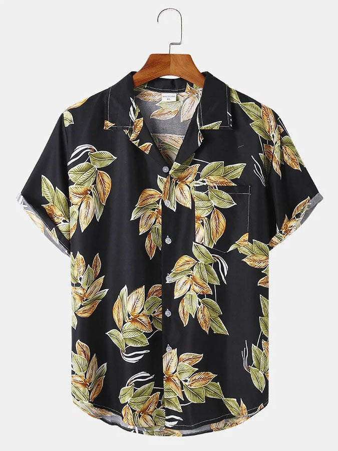 Vintage Hawaii Shirt Holiday Leaf Print Short Sleeve Ha48171