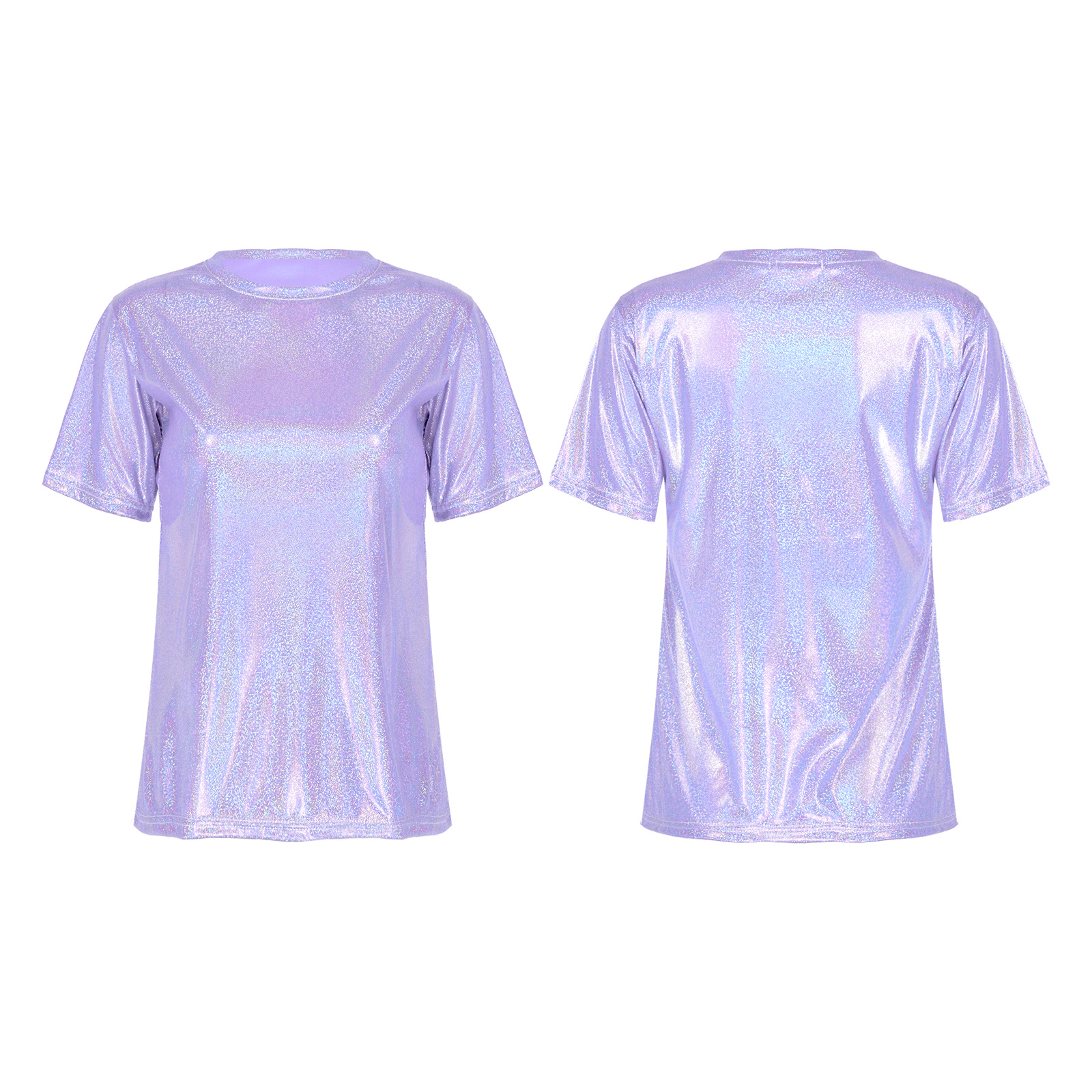 Womens Fashion Holographic T-Shirt Clubwear Shiny Metallic Casual Loose Top Sparkling Festival Party Tee Shirt Female Clothes alx