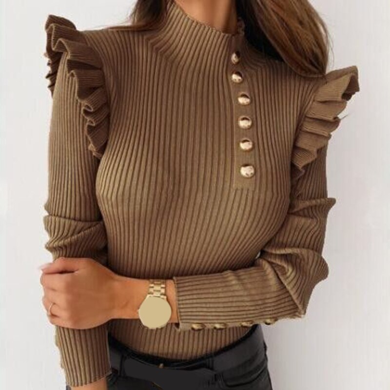 Autumn Winter Women Long Sleeve Rib Blouse Turtleneck Buttons Ruffle Sweater Women’s Clothing Pull Femme alx