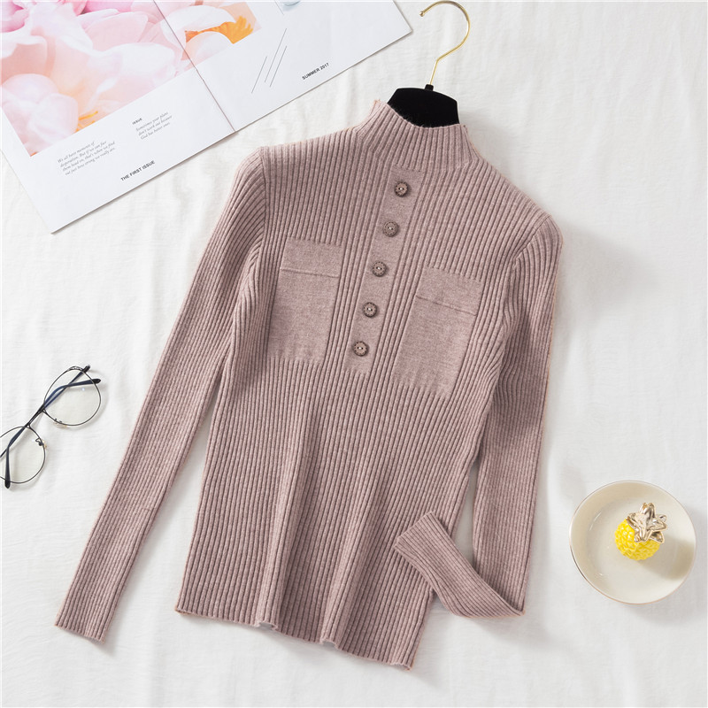 Zoki Pullover Women Sweater Autumn Knitted Button Long Sleeve Half Turtleneck Female Jumper Elastic Korean Fashion Blouse Top alx