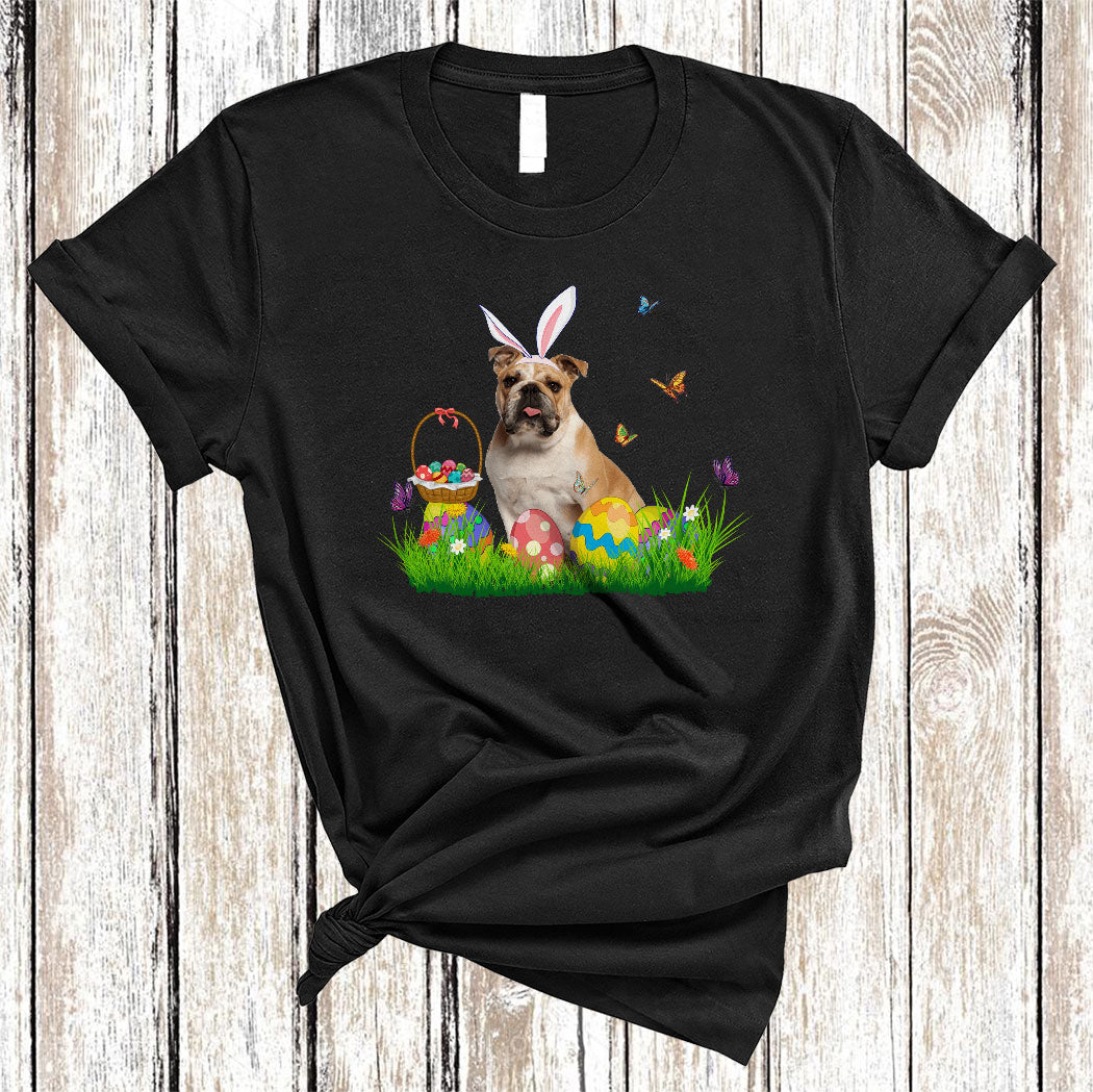 Bunny Bulldog With Easter Egg Basket Cute Easter Butterfly Flower Egg Hunt Dog Lover Gifts T-Shirt