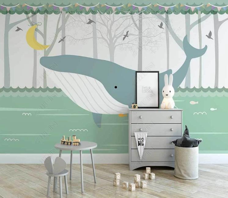 3D Northern Europe Hand-Painted Whale Moon Wall Mural Wallpaper Sww1385