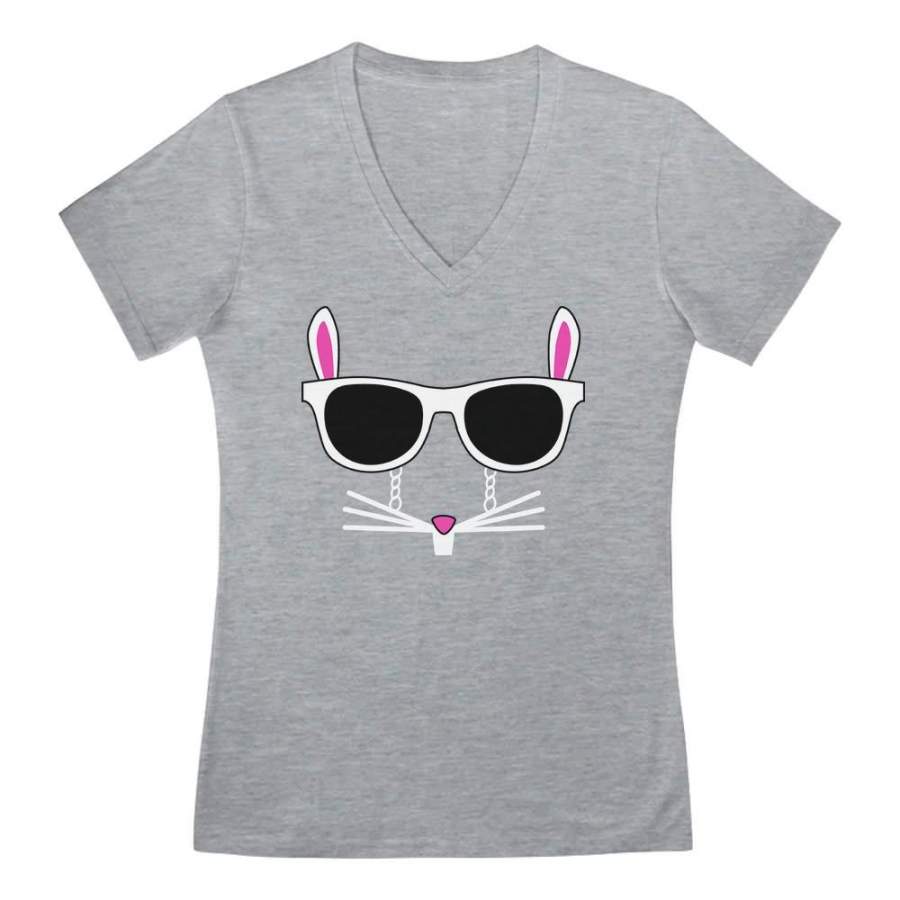 Easter Bunny – Cool Glasses Rabbit Face V-Neck Fitted Women T-Shirt