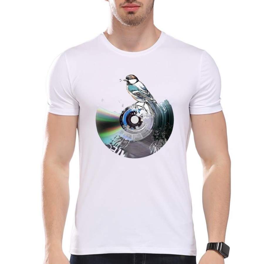 Men’S Bird On Cd Record Music Print T-Shirt Men Summer Modal Hipster Tees