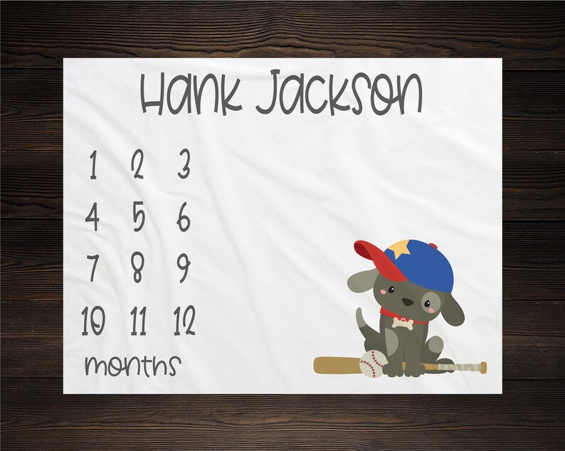 Baseball Baby Milestone Blanket, Puppy Dog Monthly Growth Tracker, Baseball Blanket Personalized Baby Boy Gift, Watch Me Grow