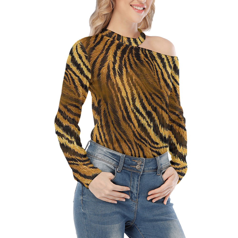 Tiger Skin Print Off Shoulder Knitted Long Sleeve T-Shirt