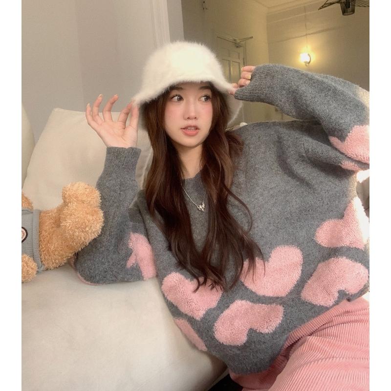 Women Dark Grey Sweater Heart-Shaped Fashion Vintage Leisure Lazy Wind Loose Female Thicken Warm Knitting Pullover Winter alx