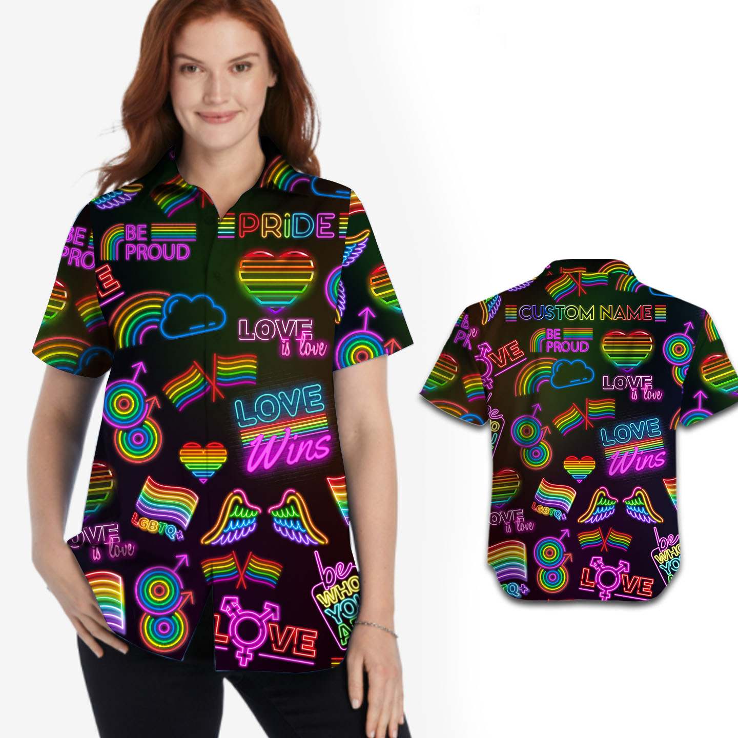 Lgbt Neon Rainbow Color Pride Month Custom Name Women Hawaii Shirt Ha59155