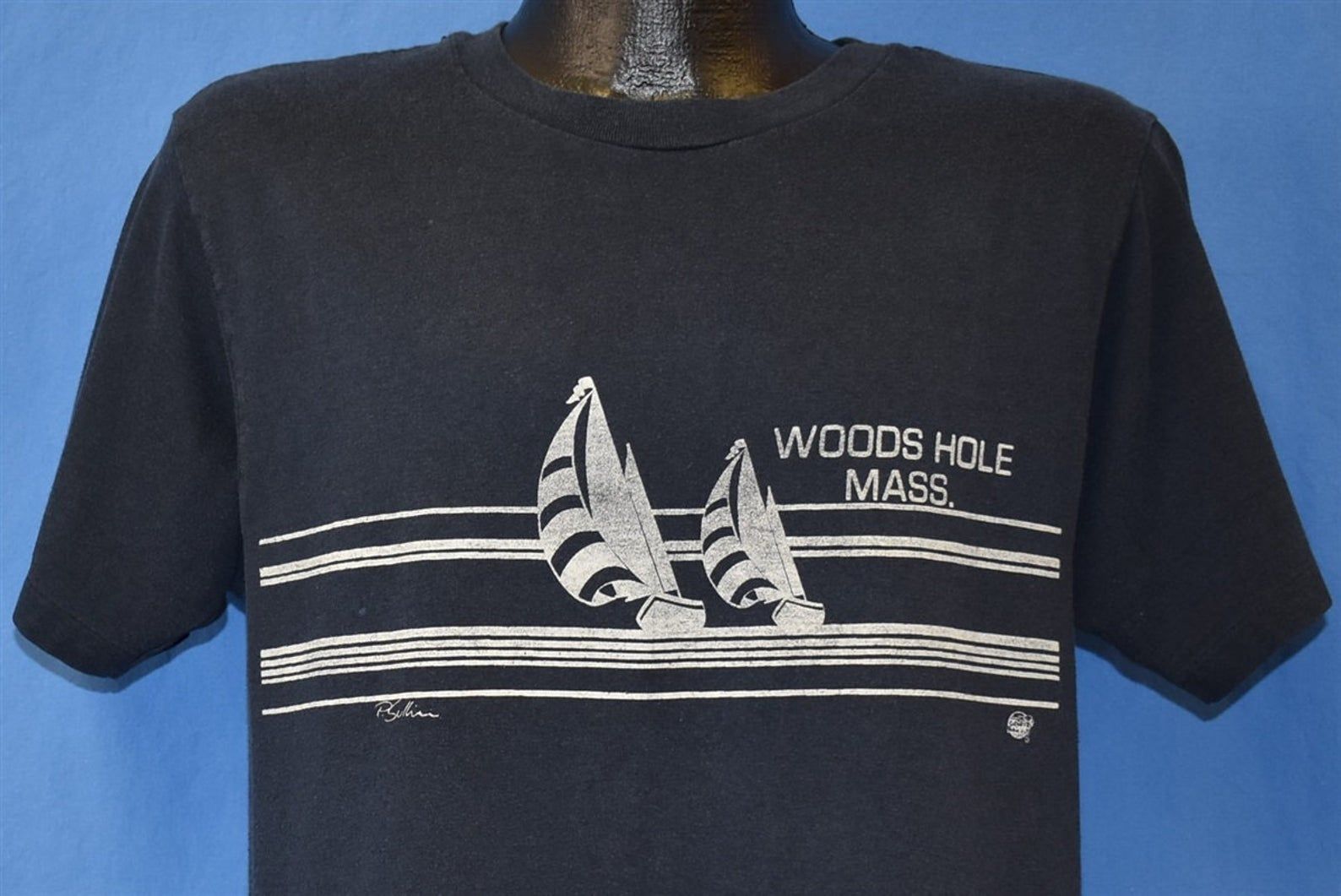 80S Woods Hole Massachusetts Sailboat Wraparound Navy Blue T-Shirt