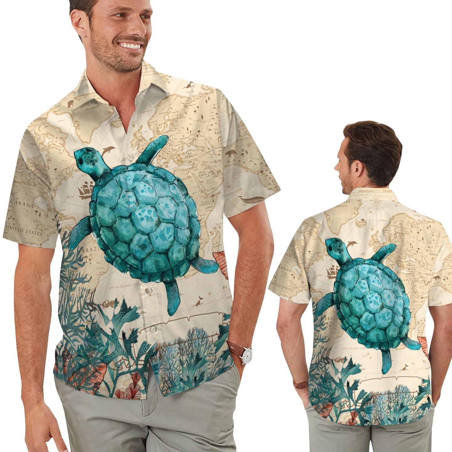 Retro Vintage Style Sea Turtle Men Aloha Hawaiian Button Up Shirt For Tortoise Animal Lovers On Beach Summer Vacation