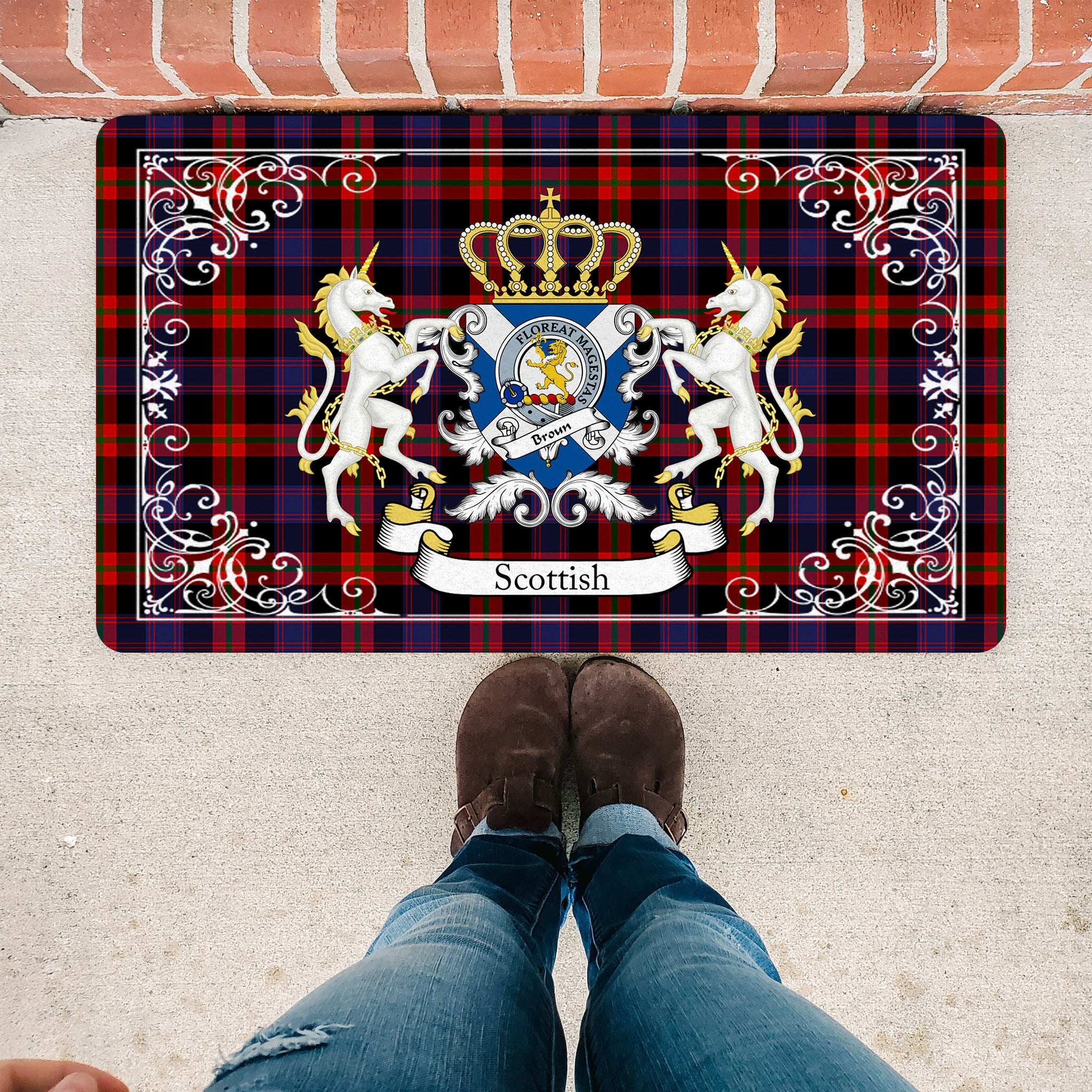 Scotstee Shop Tartan Door Mat Broun Clan Badge Tartan Scottish Plaid Doormat, Christmas Door Mat