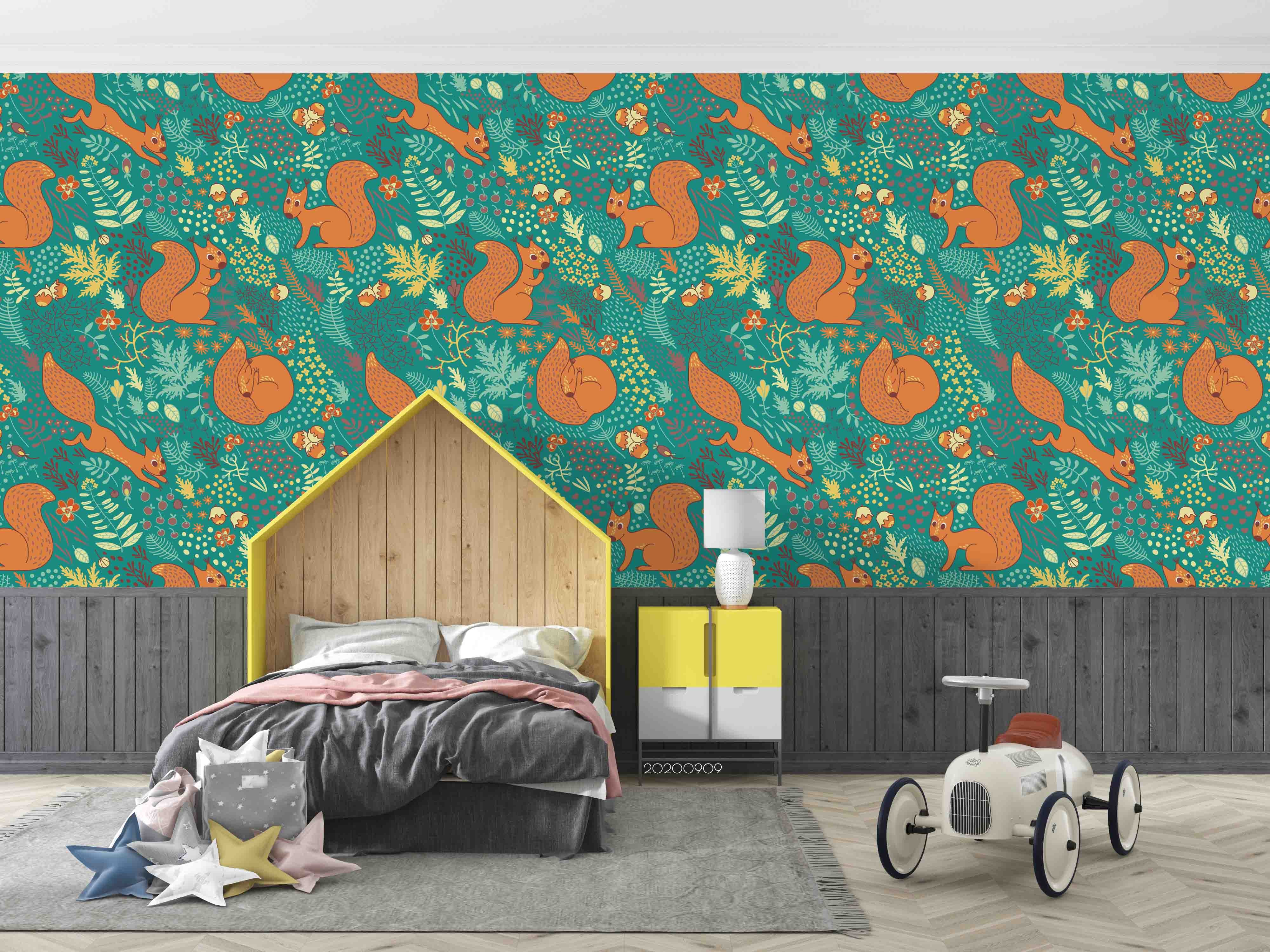 3D Cartoon Orange Squirrel Animal Green Plant Pattern Wall Mural Wallpaper Lxl