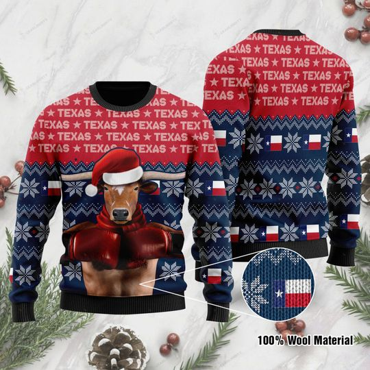 Texas Boxing Longhorn Christmas Ugly Sweater | Unisex | Full Size | Adult | Colorful |  US1015