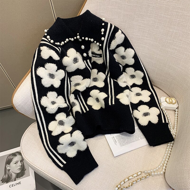 Vintage Sweater Autumn 2022 Lapel Three-Dimensional Flower Long-Sleeve Knitted Pullover Female Contrast Flower Doll Collar Top alx