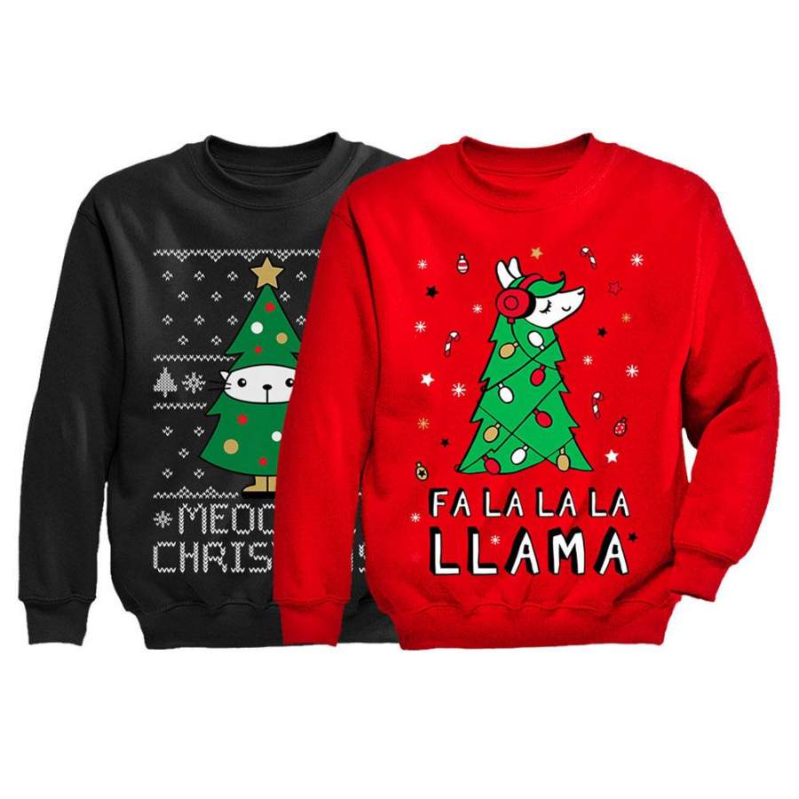 Cat & llama Lovers Ugly Christmas Sweatshirt Set for Siblings