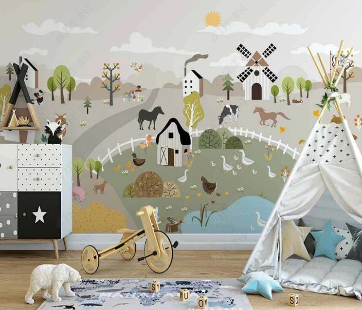 3D Northern Europe Hand-Painted Cartoon Farm Animal Wall Mural Wallpaper Sww1319